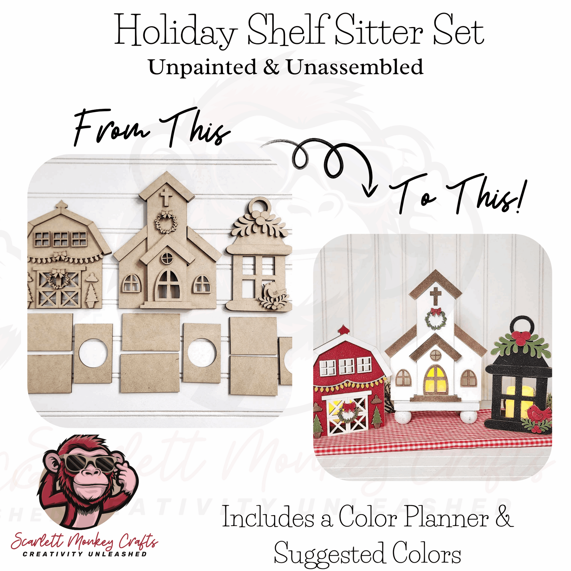 Paintable Wood Project - Holiday Shelf Sitter Set, unpainted kit showing transformation from unfinished wood pieces to festive decorated shelf display.