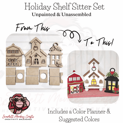 Paintable Wood Project - Holiday Shelf Sitter Set, unpainted kit showing transformation from unfinished wood pieces to festive decorated shelf display.
