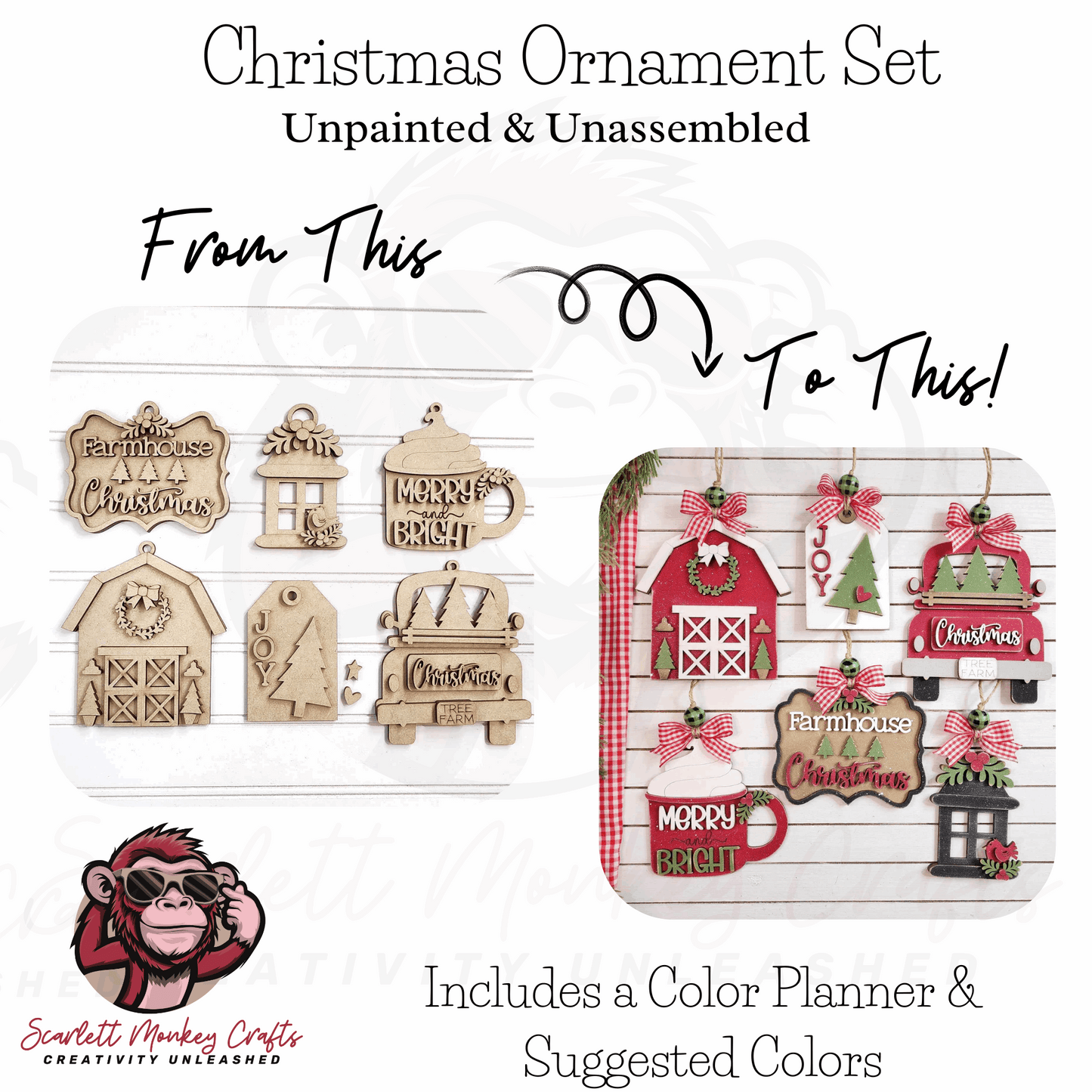 Paintable wood project Christmas ornament set with unpainted pieces and colorful decorated designs.