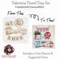 Paintable wood project Valentine tiered tray set with unpainted and finished XOXO designs.