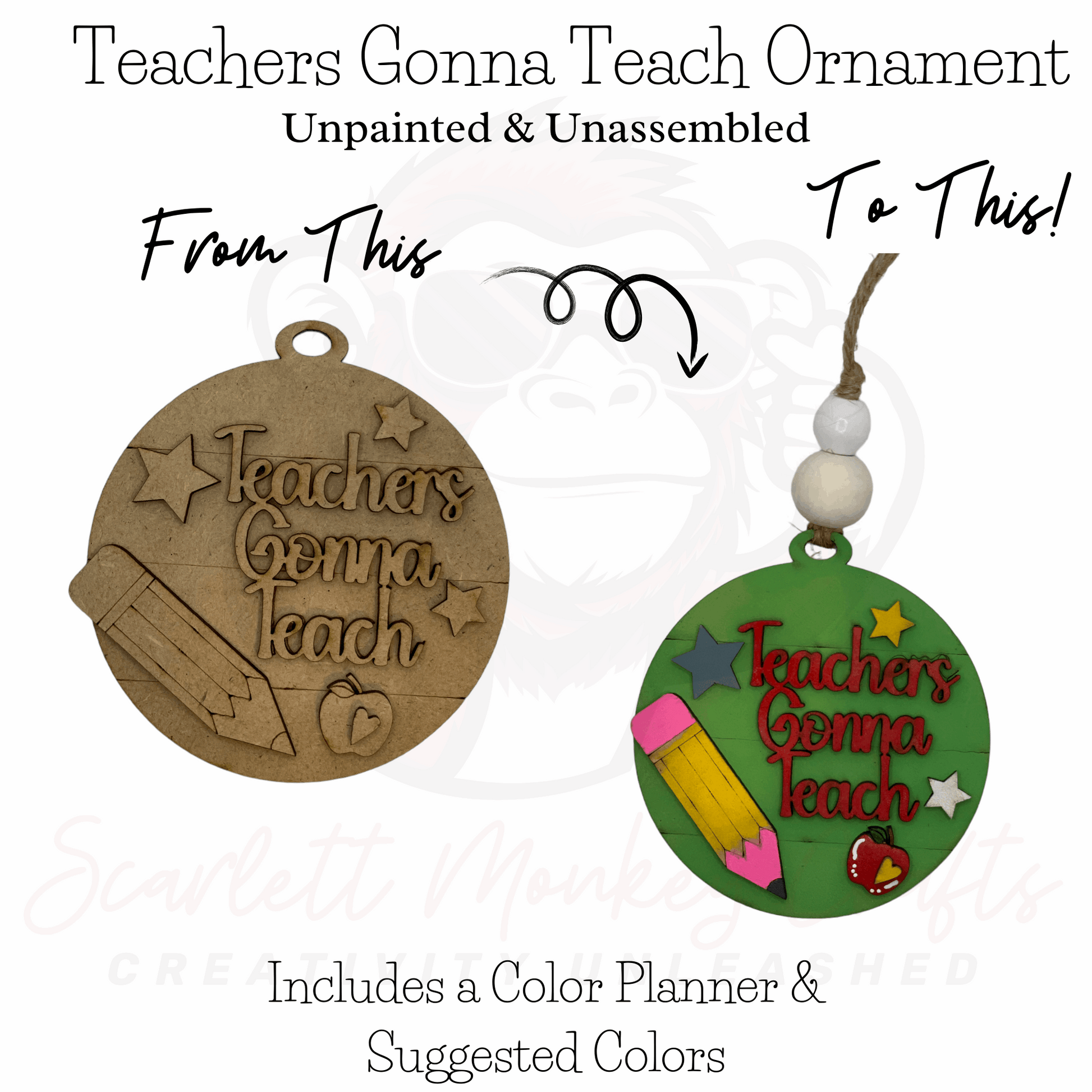 Paintable wood project for teachers, unpainted and painted ornament comparison.