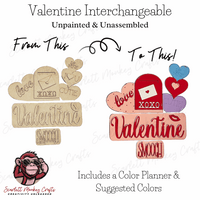 Paintable Valentine interchangeable wood project with color planner and suggested colors from Scarlett Monkey Crafts.