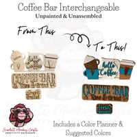 Paintable wood project kit for a coffee bar with interchangeable pieces, compatible with the Farm Truck base.