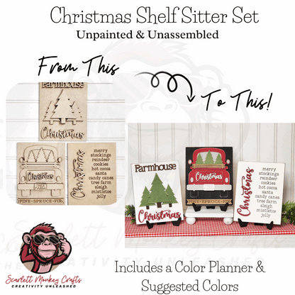 Paintable wood project kit for Christmas shelf sitter set, unpainted and unassembled.