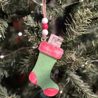Christmas ornament green stocking money gift card holder.