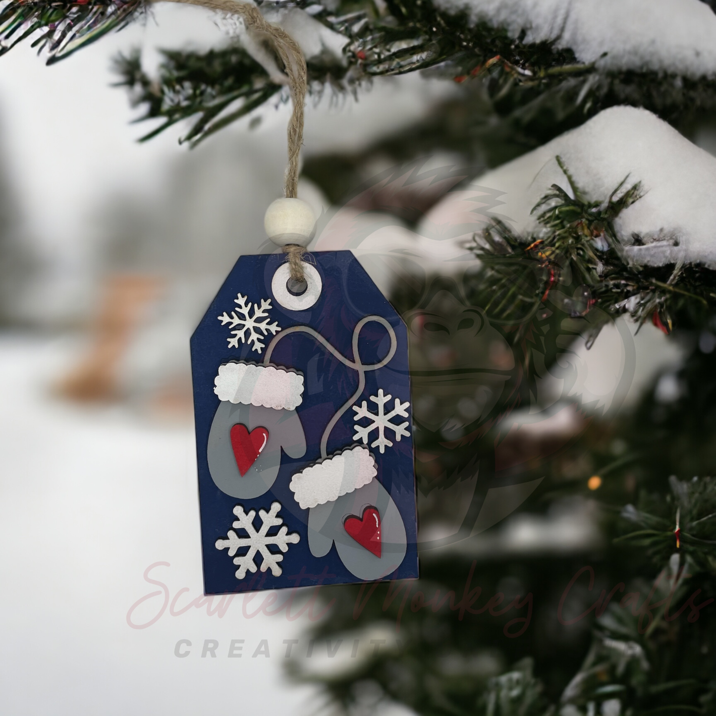 Snowflake and Heart Mittens Ornament with Gift Card Holder - Painted