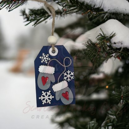 Snowflake and Heart Mittens Ornament with Gift Card Holder - Painted