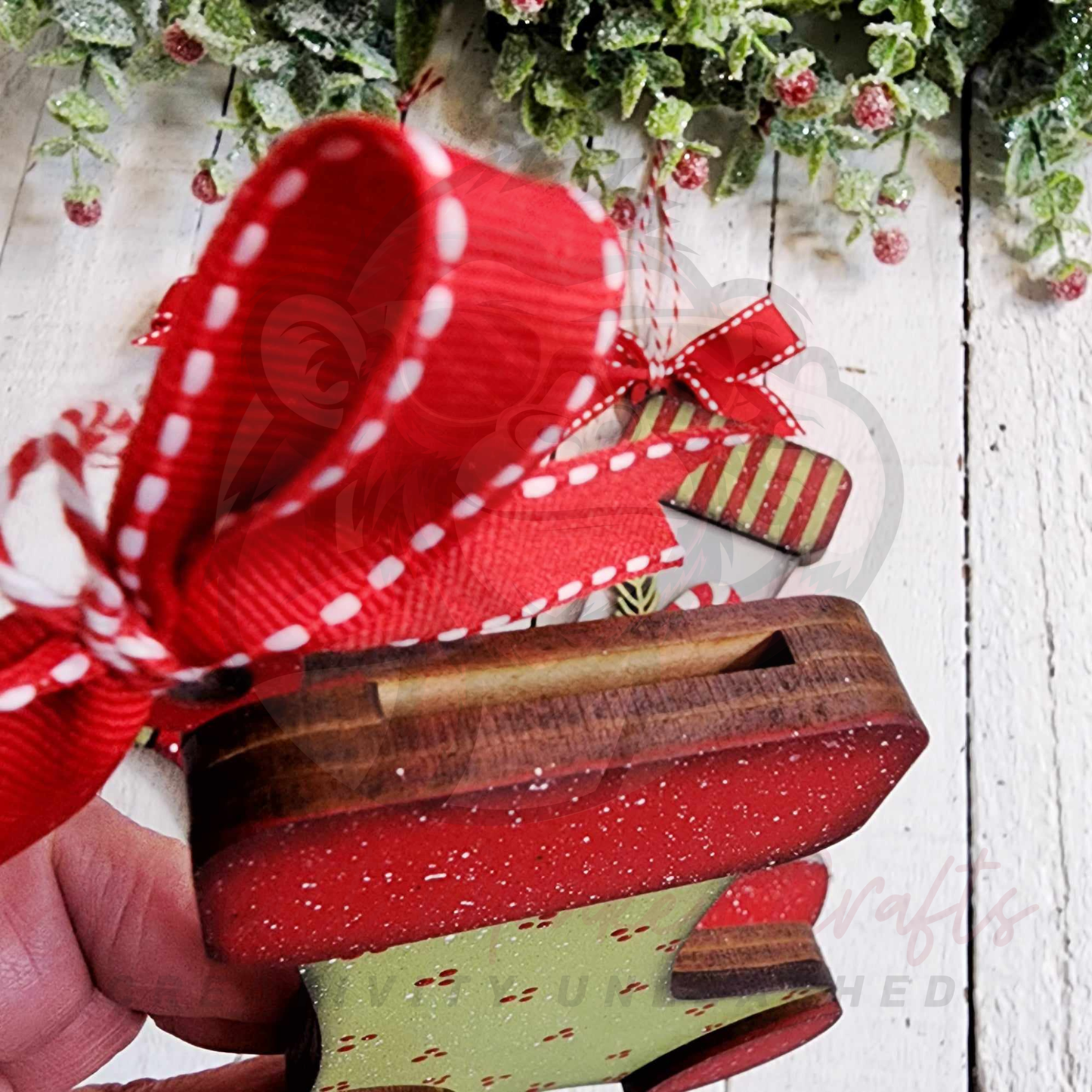 Green and Red Stocking Ornament with Money or Gift Card Holder - Painted