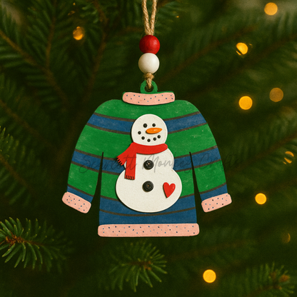 Hand-painted wooden Christmas ornament shaped like an ugly sweater with a snowman in a red scarf and heart detail