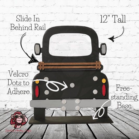 A black interchangeable farm truck starter bundle with a side view showing the velcro dots for adherence and a diagram indicating the assembly process. It is 12 inches tall and meant to be painted and assembled.